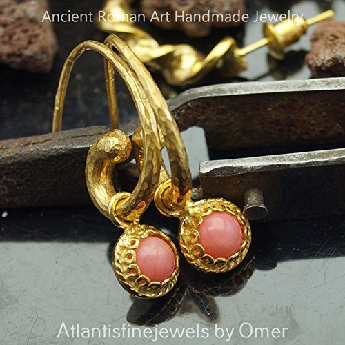 Turkish Coral Charms Earrings Handmade Designer Jewelry By Omer 925 Sterling Silver 24 k Yellow Gold Plated