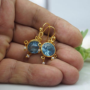 Sterling Silver Blue Topaz & Pearl Dangle Earrings 24k Gold Vermeil Handmade