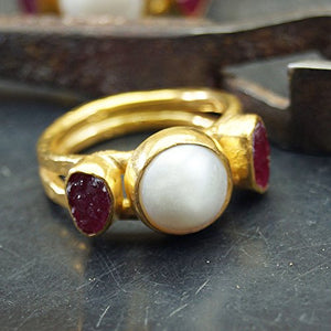 925k Sterling Silver Pearl W/Rough Ruby Ring 24k Yellow Gold Vermeil, Turkish Je