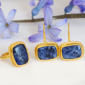Turkish Sodalite Earrings Handmade Designer Jewelry By Omer 925 Sterling Silver 24 k Yellow Gold Plated