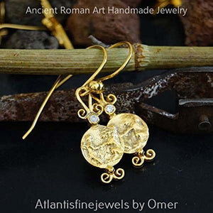 Handmade Coin Earrings w/ White Topaz By Omer 24k Yellow Gold Over 925 Silver