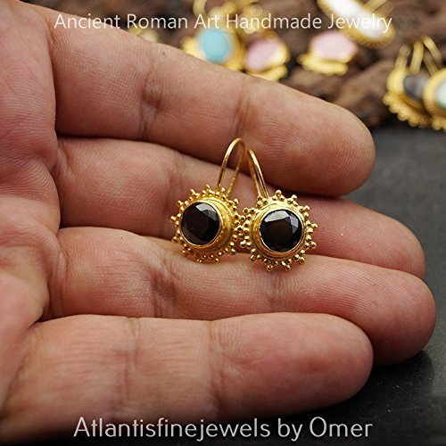 Handcrafted 925 Sterling Silver Fine Granulated Onyx Earrings Sun Collection 24k Gold Plated Ancient Roman Jewelry