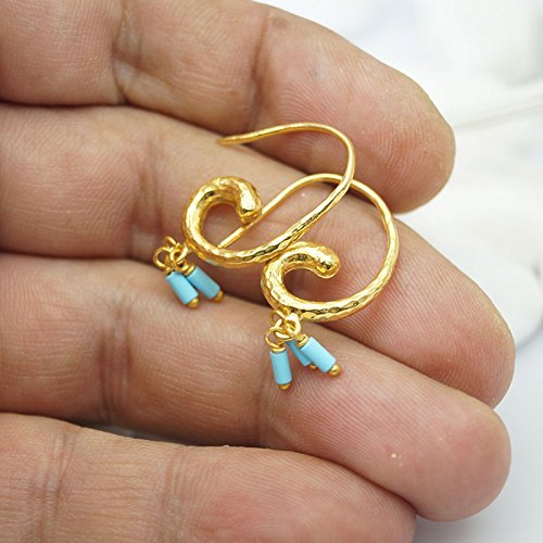 Sterling Silver Hammered Turkish Horn Charm Earrings W/ Turquoise 24k Gold Plated