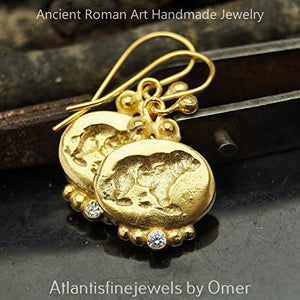 Grizzly Bear Coin White Topaz Earrings 925 k Sterling Silver Roman Art Jewelry