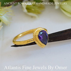 Amethyst Topaz Pear Stack Ring 24k Gold Over Sterling Silver Handmade By Omer