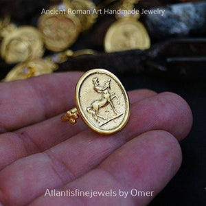 Turkish Jewelry Centaur Coin Ring 925 Sterling Silver 24 k Yellow Gold Plated