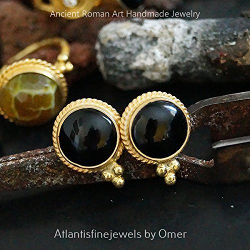 Turkish Onyx Earrings Handmade Designer Jewelry By Omer 925 Sterling Silver 24 k Yellow Gold Plated