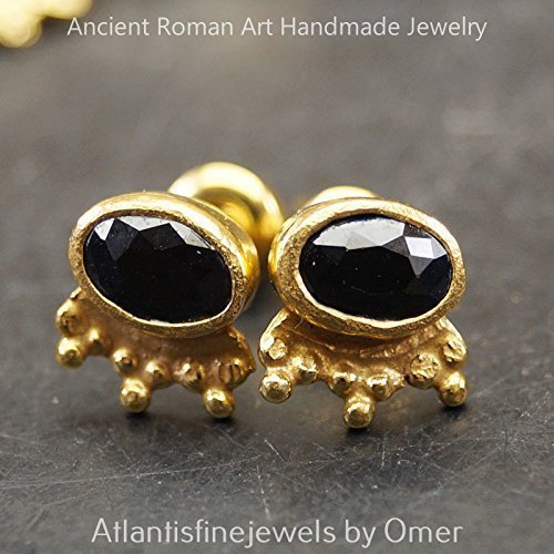 925 k Sterling Silver Granulated Onyx Stud Earrings Sun Collection 24k Gold Vermeil Turkish Jewelry
