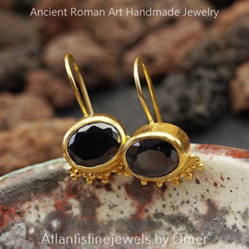 925 Sterling Silver Fine Granulated Onyx Earrings Sun Collection 24k Gold Plated