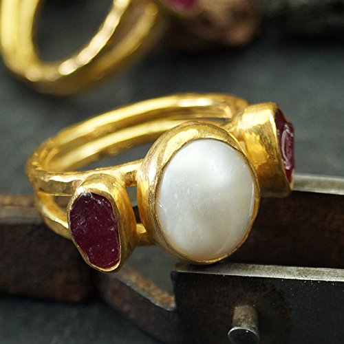Turkish Pearl Ring Handmade Designer Jewelry By Omer 925 Sterling Silver 24 k Yellow Gold Plated