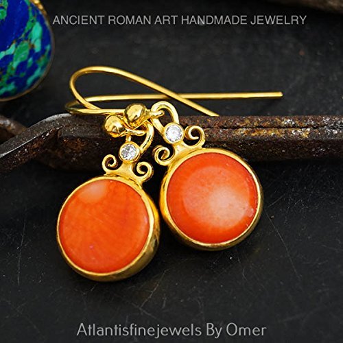 Handmade Designer Coral Earrings 24 k Gold Over 925 k Sterling Silver By Omer