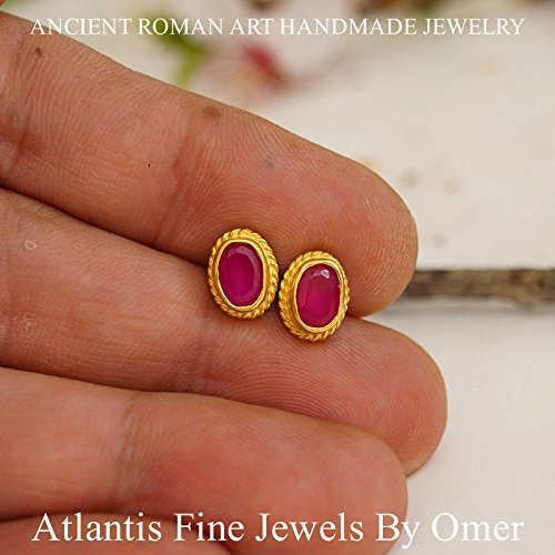 Oval Ruby Stud Earrings By Omer 24 k Gold Over Sterling Silver Handmade