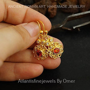 Omer Handmade Orange & White Topaz Earrings 24 k Yellow Gold Sterling Silver