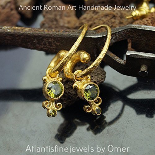 925 k Silver Peridot Charm Hammered Horn Gold Earrings Ancient Turkish Jewelry