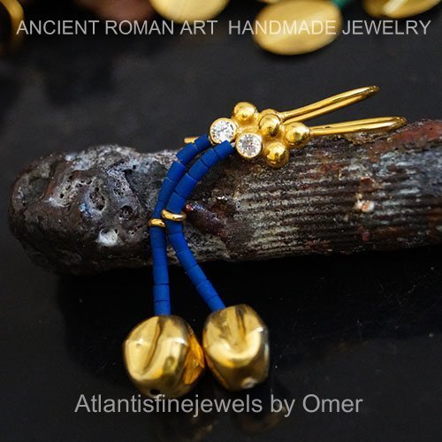 Turkish Troy Lapis Earrings Handmade Designer Jewelry By Omer 925 Sterling Silver 24 k Yellow Gold Plated