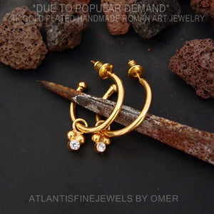 Handmade Hoop Earrings W/ Topaz Charm 24 k Yellow Gold Over 925 k Silver By Omer