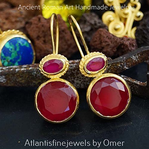 Turkish Red Topaz Earrings Handmade Designer Jewelry By Omer 925 Sterling Silver 24 k Yellow Gold Plated