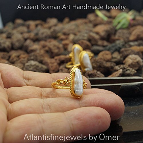 Omer Sterling Silver Unique Hammered Pearl Ring Ancient Roman 24k Gold Vermeil