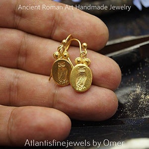 Owl Coin Earrings 925k Silver Ancient Roman Art Turkish Jewelry 24k Gold Vermeil