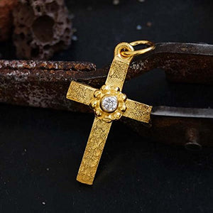 Sterling Silver Hammered White Topaz Cross Pendant 24k Gold Vermeil Handmade