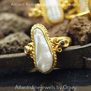 Amethsyt & Pearl Ring Sterling Silver Hammered Ancient Roman 24k Gold Vermeil Tu