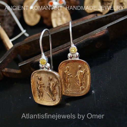 Turkish Bronze Coin Earrings Handmade Designer Jewelry By Omer 925 Sterling Silver 24 k Yellow Gold Plated