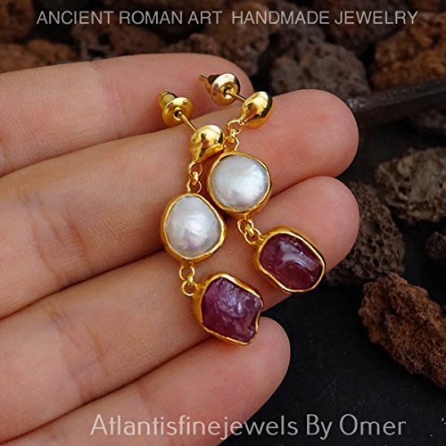 Unique Rough Ruby & Pearl Designer Earrings By Omer 24 k Yellow Gold Over 925 Silver Turkish Jewelry