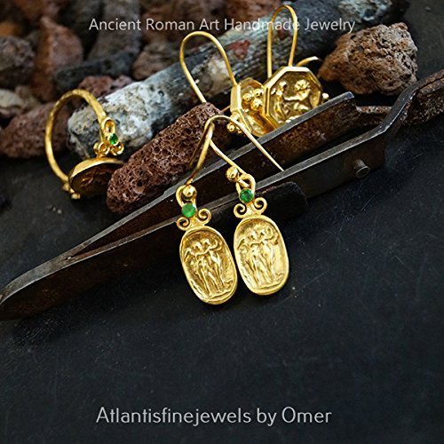 925 k Sterling Silver Handmade Roman Art Chrome Diopside Coin Earrings By Omer