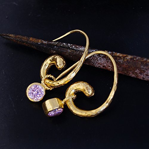 Hammered Horn Earrings W/ Pink Topaz Charm 24 k Gold Over 925 Sterling Silver