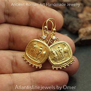 925 Sterling Silver Sun Collection Fine Granulated Coin Earrings w/ White Topaz 24 k Gold Vermeil Turkish Earrings