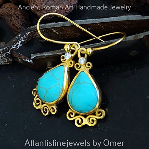 Turkish Turquoise Earrings Handmade Designer Jewelry By Omer 925 Sterling Silver 24 k Yellow Gold Plated