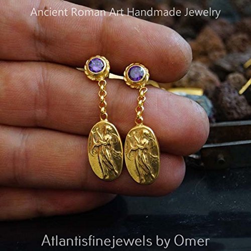 Omer Handmade Coin Amethyst Drop Earrings 925k Sterling Silver 24k Gold Vermeil