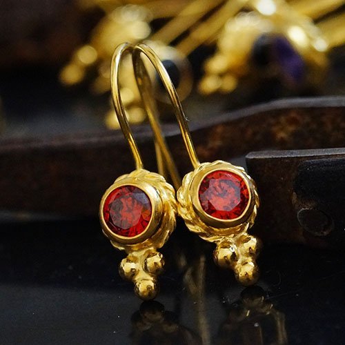 Turkish Garnet Earrings Handmade Designer Jewelry By Omer 925 Sterling Silver 24 k Yellow Gold Plated