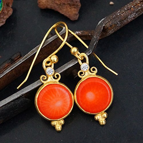 Turkish Coral Earrings Handmade Designer Jewelry By Omer 925 Sterling Silver 24 k Yellow Gold Plated