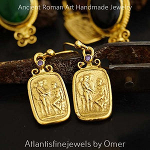 Turkish Bronze Coin & Amethyst Earrings Handmade Designer Jewelry By Omer 925 Sterling Silver 24 k Yellow Gold Plated