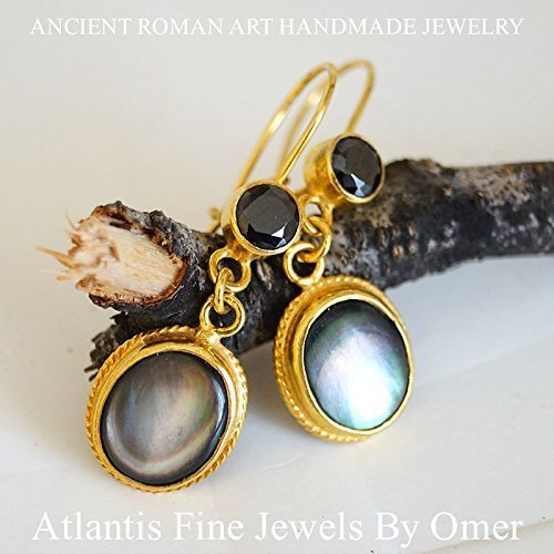 Handmade 925 Silver Mother Of  Pearl Onyx Yellow Gold Earrings Turkish Jewelry