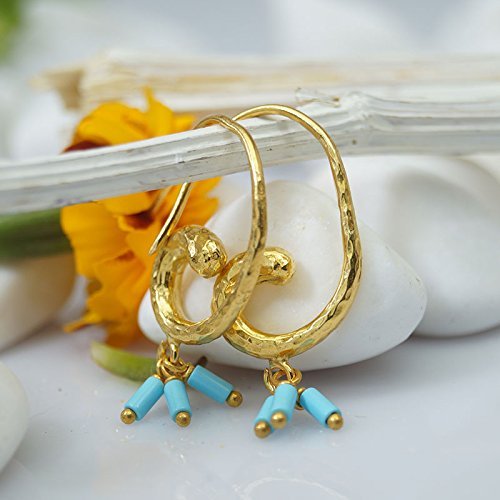 Sterling Silver Hammered Turkish Horn Charm Earrings W/Turquoise 24k Gold Plated