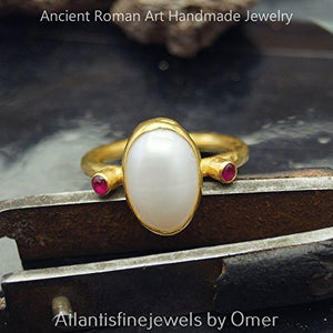 Turkish Roman Art Hand Forged Sterling Silver Pearl&Ruby 24k Yellow Gold Plated