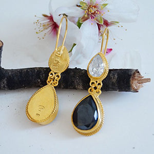 925 Sterling Silver Pear Black Onyx Gold Earrings Artisan Turkish Women Jewelry