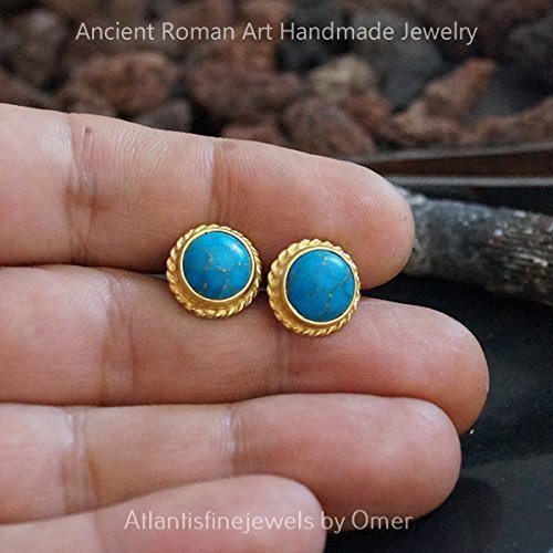 Roman Art Handmade Designer Turquoise Stud Earrings 24k Gold Over Silver By Omer