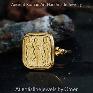 Handmade Ancient Art Peridot Coin Ring By Omer 24k Gold Vermeil 925 k Silver