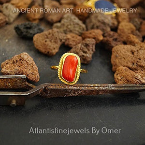 Handmade Coral Ring Ancient Finish 24 k Gold Over 925 k Sterling Silver By Omer