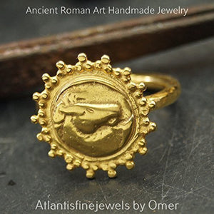 Turkish Horse Coin Ring Handmade Designer Jewelry By Omer 925 Sterling Silver 24 k Yellow Gold Plated