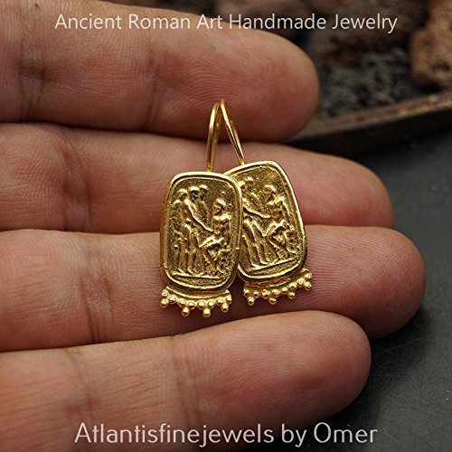 925 Sterling Silver Sun Collection Roman Art Coin Earrings 24 k Gold Plated