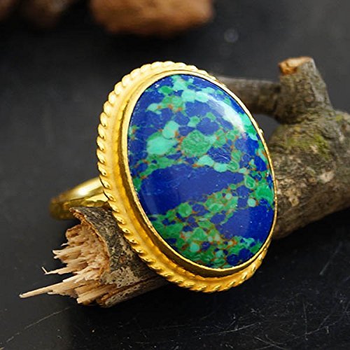 Turkish Turquoise Ring Handmade Designer Jewelry By Omer 925 Sterling Silver 24 k Yellow Gold Plated