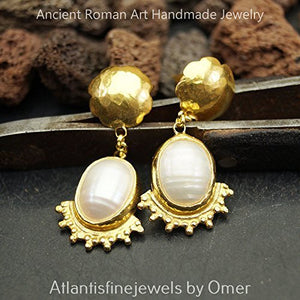 Omer Handcrafted Ancient Roman Art 925 k Silver Artisan Dangle Earrings w/ Pearl