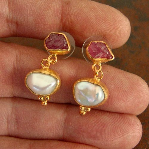 Roman Art Rough Ruby & Pearl Designer Earrings By Omer 24 k Yellow Gold Over 925 Silver