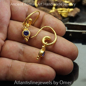 Hoop  Earrings W/ Amethyst Charm 24k Gold over 925 k Sterling Silver Handcrafted