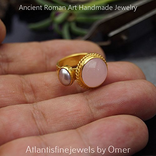 Handmade Pearl & Pink Quartz Ring 24 k Gold Over Sterling Silver Desing By Omer