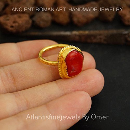 Handmade Red Coral Ring By Omer 24 k Gold Vermeil Sterling Silver